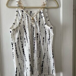 White and Black Tank Top with Gold Chain Straps